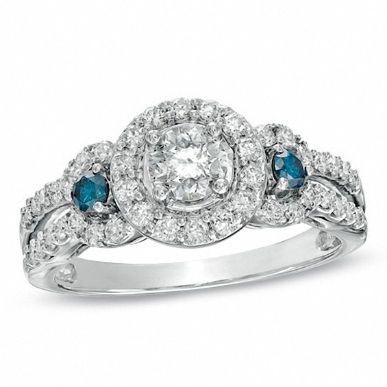Previously Owned - 1 CT. T.w. Blue Enhanced and White Diamond Three Stone Frame Ring in 14K White Gold
