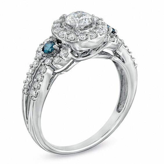 Previously Owned - 1 CT. T.w. Blue Enhanced and White Diamond Three Stone Frame Ring in 14K White Gold