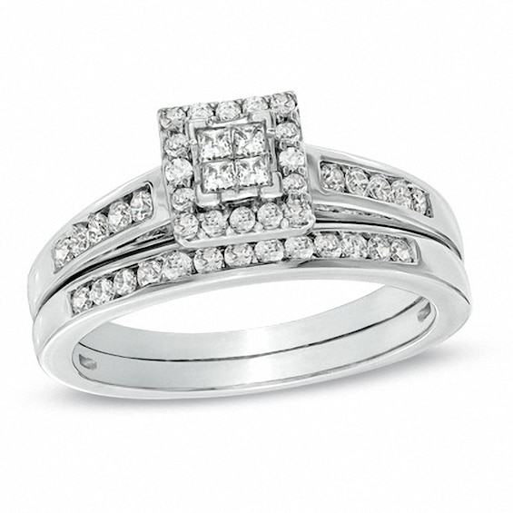 Previously Owned - 1/2 CT. T.w. Quad Princess-Cut Diamond Bridal Set in 10K White Gold