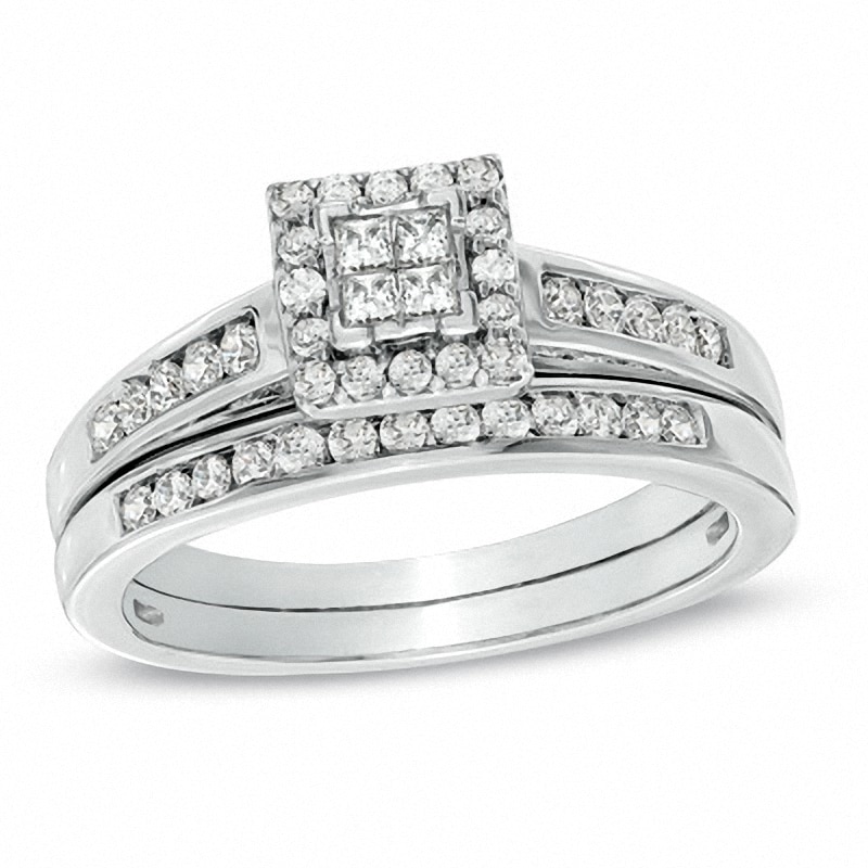 Main Image 1 of Previously Owned - 1/2 CT. T.W. Quad Princess-Cut Diamond Bridal Set in 10K White Gold