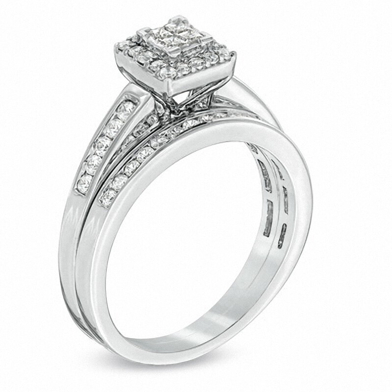 Main Image 2 of Previously Owned - 1/2 CT. T.W. Quad Princess-Cut Diamond Bridal Set in 10K White Gold