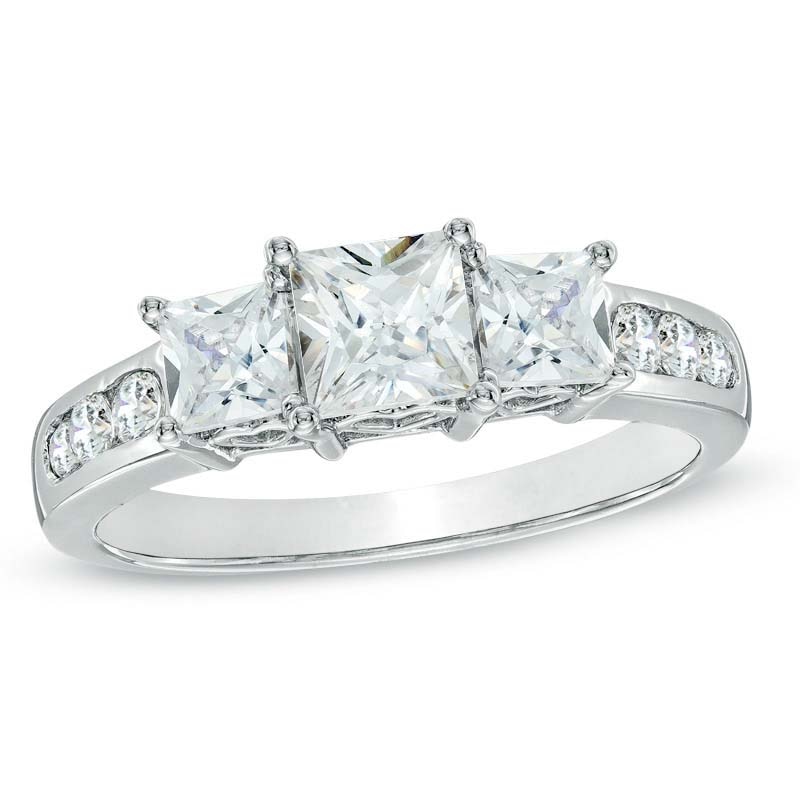 Main Image 1 of Previously Owned - 1-1/2 CT. T.W. Square-Cut Diamond Past Present Future® Ring in 14K White Gold