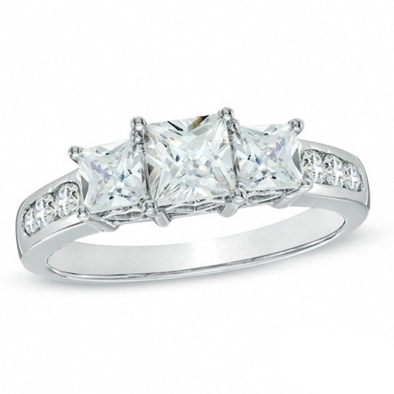 Main Image 1 of Previously Owned - 1-1/2 CT. T.W. Princess-Cut Diamond Past Present Future® Ring in 14K White Gold