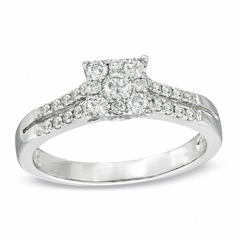 Main Image 1 of Previously Owned - 1/2 CT. T.W. Diamond Square Cluster Engagement Ring in 14K White Gold