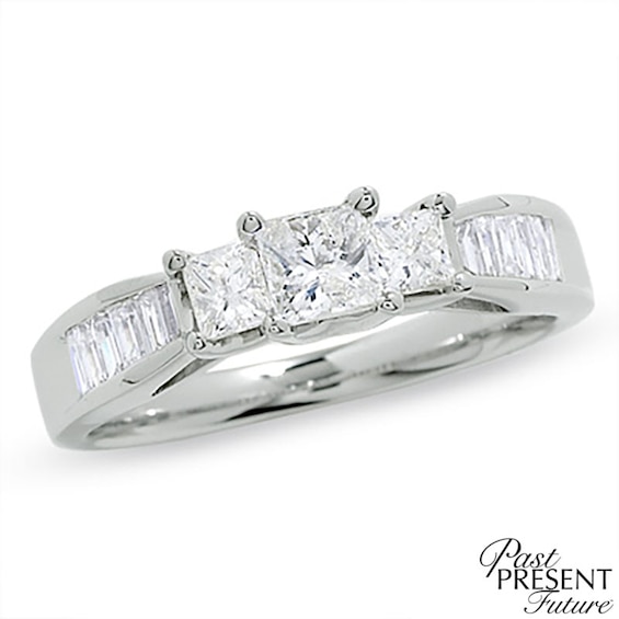 Previously Owned - 1 CT. T.w. Princess-Cut Diamond Past Present Future® Ring in 14K White Gold