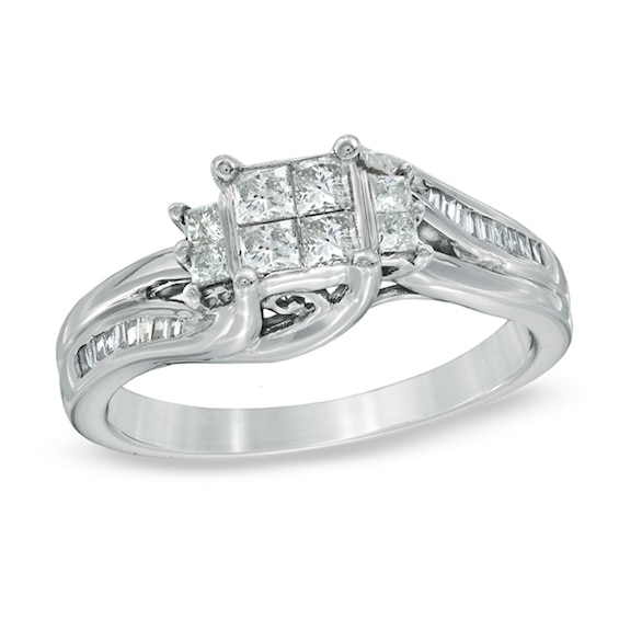Previously Owned - 1/2 CT. T.w. Quad Princess-Cut Diamond Engagement Ring in 10K White Gold