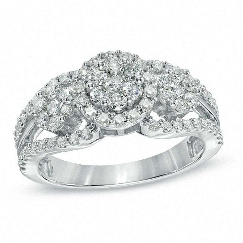 Main Image 1 of Previously Owned - 1 CT. T.W. Diamond Triple Cluster Ring in 10K White Gold