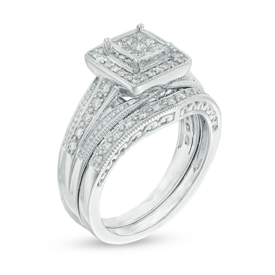 Previously Owned 3/8 CT. T.w. Princess-Cut Composite Diamond Frame Soldered Bridal Set in 10K White Gold