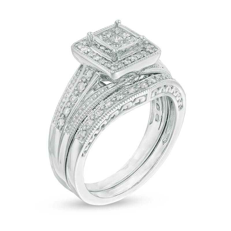 Main Image 2 of Previously Owned 3/8 CT. T.W. Princess-Cut Composite Diamond Frame Soldered Bridal Set in 10K White Gold
