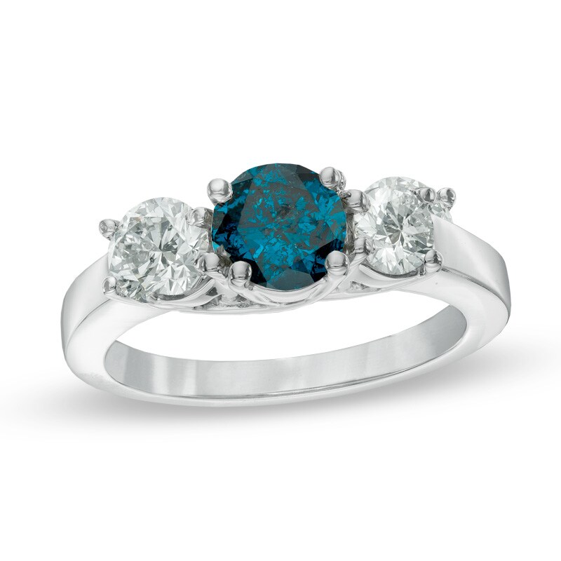 Main Image 1 of Previously Owned - 2 CT. T.W.  Fancy Blue and White Diamond Three Stone Ring in 14K White Gold