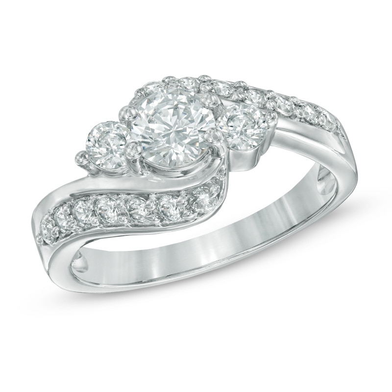 Main Image 1 of Previously Owned - 1 CT. T.W. Diamond Three Stone Bypass Slant Ring in 10K White Gold