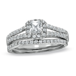 Previously Owned 1/2 CT. T.W. Princess-Cut Diamond Frame Split Shank Soldered Bridal Set in 14K White Gold