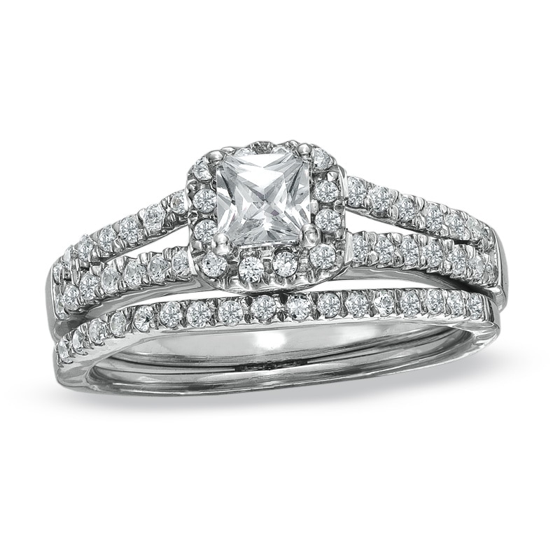Main Image 1 of Previously Owned 1/2 CT. T.W. Princess-Cut Diamond Frame Split Shank Soldered Bridal Set in 14K White Gold