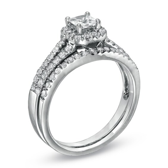 Previously Owned 1/2 CT. T.w. Princess-Cut Diamond Frame Split Shank Soldered Bridal Set in 14K White Gold