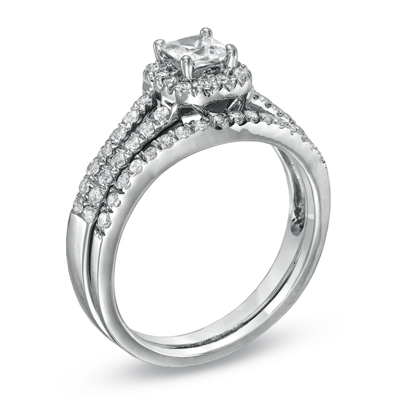 Main Image 2 of Previously Owned 1/2 CT. T.W. Princess-Cut Diamond Frame Split Shank Soldered Bridal Set in 14K White Gold