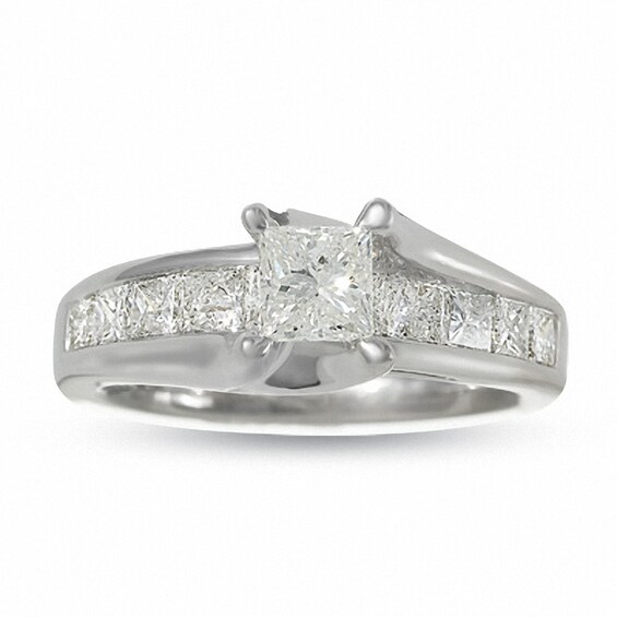 Previously Owned - 1-1/2 CT. T.w. Princess-Cut Diamond Bridge Engagement Ring in 14K White Gold