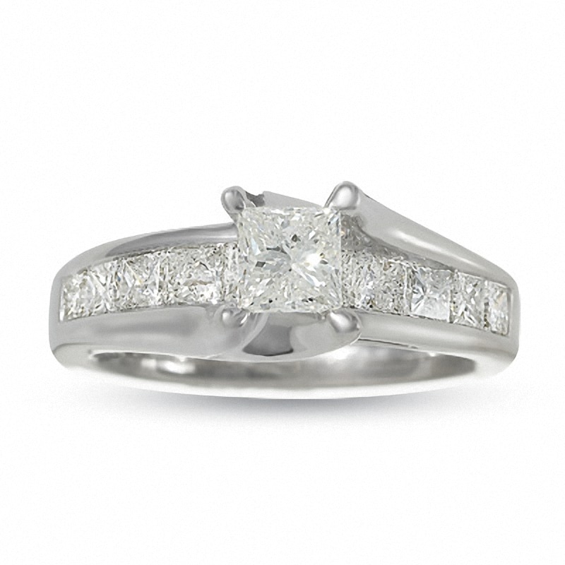 Main Image 1 of Previously Owned - 1-1/2 CT. T.W. Princess-Cut Diamond Bridge Engagement Ring in 14K White Gold