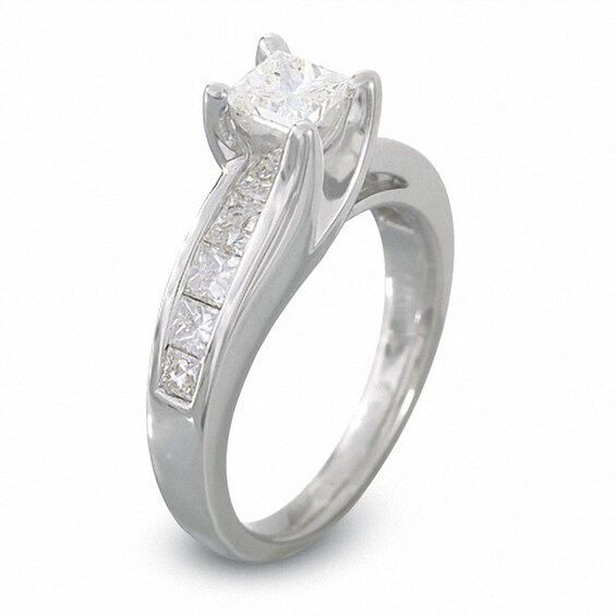 Previously Owned - 1-1/2 CT. T.w. Princess-Cut Diamond Bridge Engagement Ring in 14K White Gold