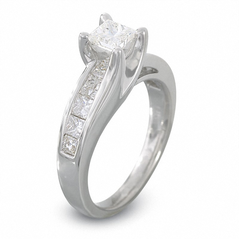 Main Image 2 of Previously Owned - 1-1/2 CT. T.W. Princess-Cut Diamond Bridge Engagement Ring in 14K White Gold