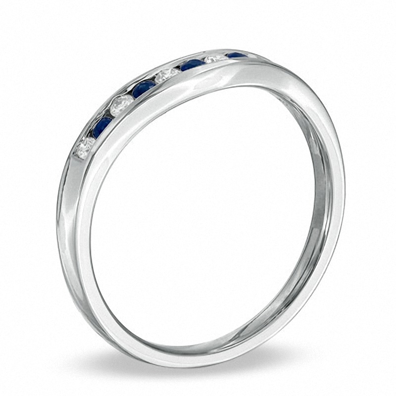 Main Image 2 of Previously Owned - Blue Sapphire and 1/10 CT. T.W. Diamond Contour Band in 14K White Gold