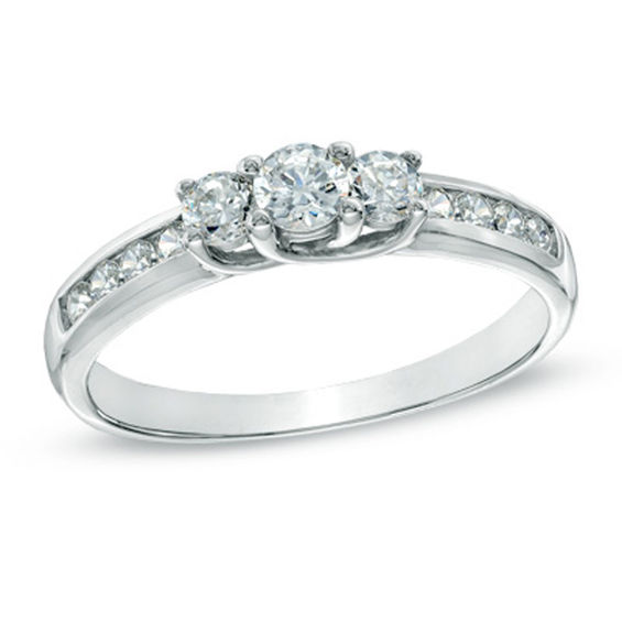 Previously Owned - 1/2 CT. T.w. Diamond Three Stone Engagement Ring in 10K White Gold