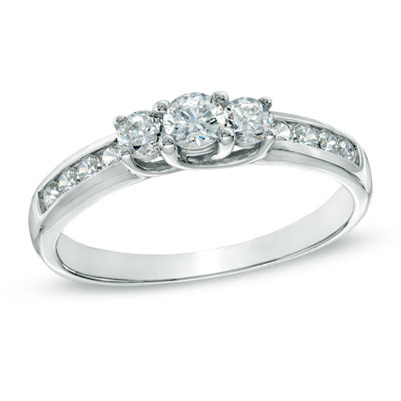 Main Image 1 of Previously Owned - 1/2 CT. T.W. Diamond Three Stone Engagement Ring in 10K White Gold
