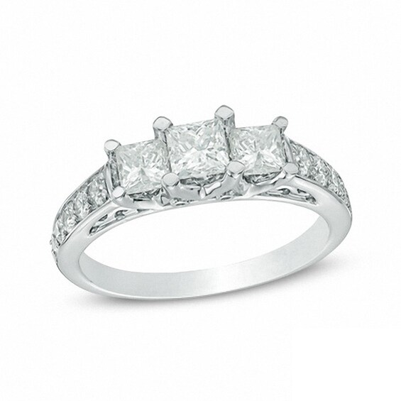 Previously Owned - 1-1/5 CT. T.w. Princess-Cut Diamond Three Stone Engagement Ring in 14K White Gold