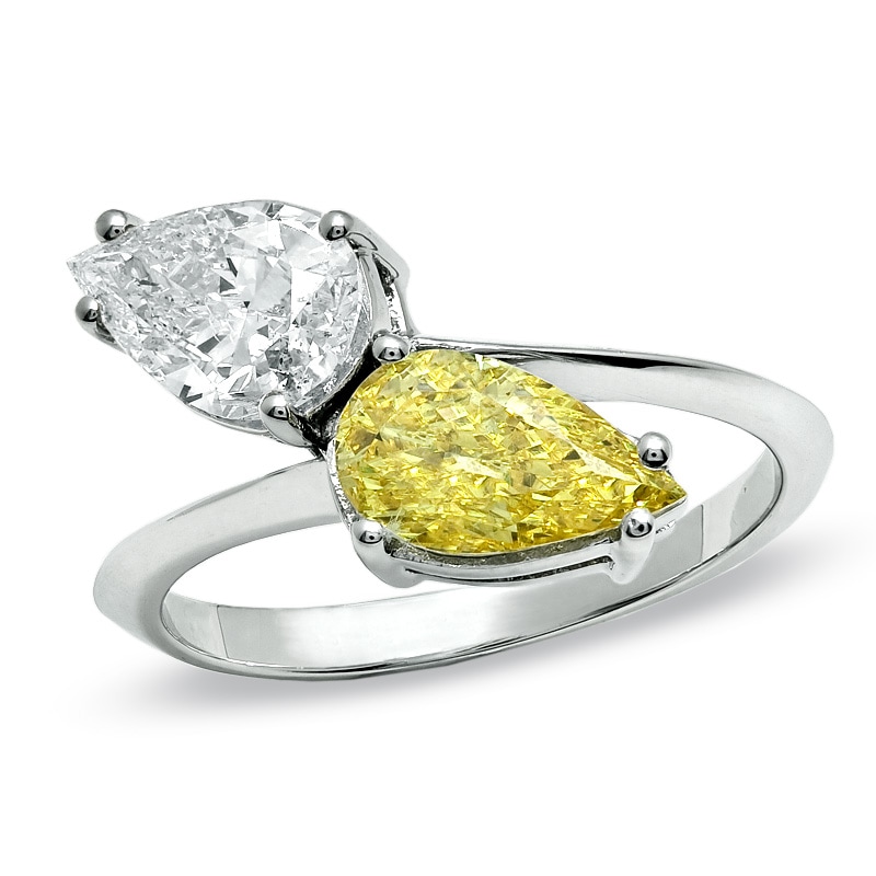 Main Image 1 of Previously Owned - 2 CT. T.W. Pear-Shaped Enhanced Fancy Yellow and White Diamond Bypass Ring in 14K White Gold (I/I2)