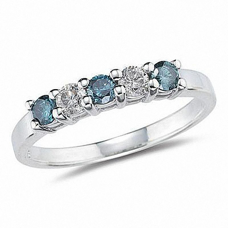 Main Image 1 of Previously Owned - 1/5 CT. T.W. Enhanced Blue and White Diamond Five Stone Band in 14K White Gold