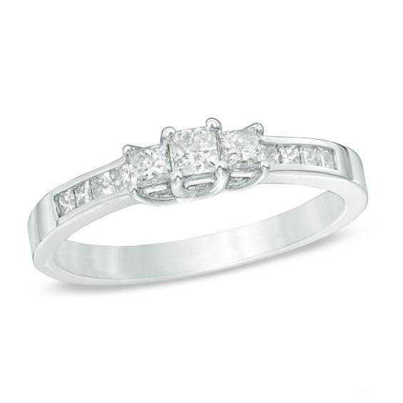 Previously Owned - 1/2 CT. T.w. Princess-Cut Diamond Three Stone Engagement Ring in 10K White Gold