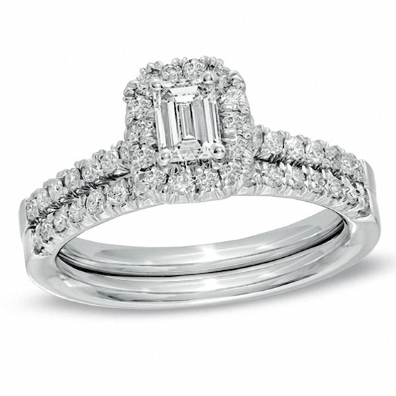 Previously Owned - 3/4 CT. T.w. Emerald-Cut Diamond Frame Bridal Set in 14K White Gold