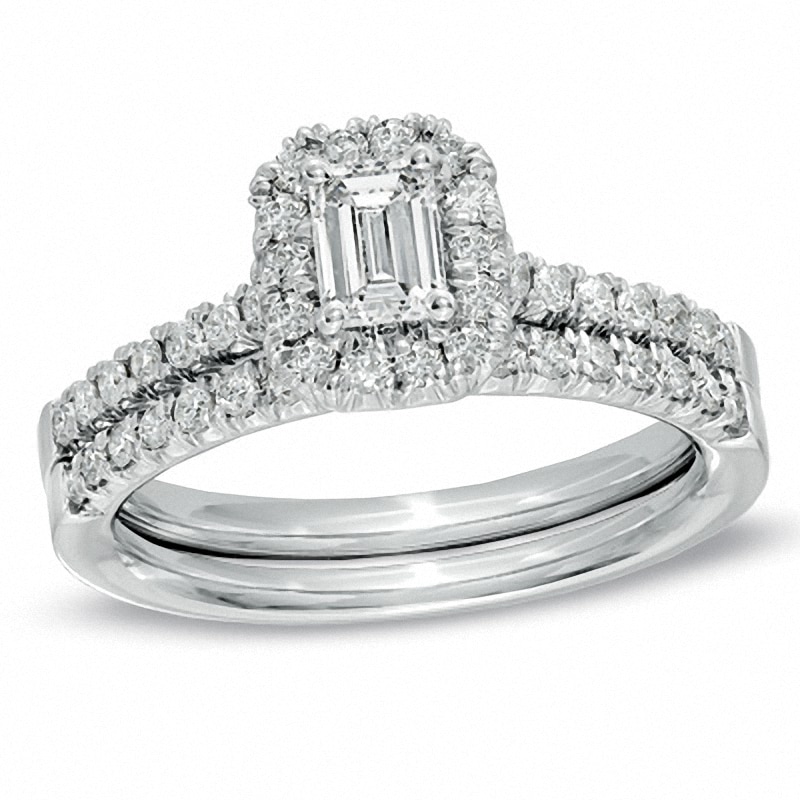 Main Image 1 of Previously Owned - 3/4 CT. T.W. Emerald-Cut Diamond Frame Bridal Set in 14K White Gold