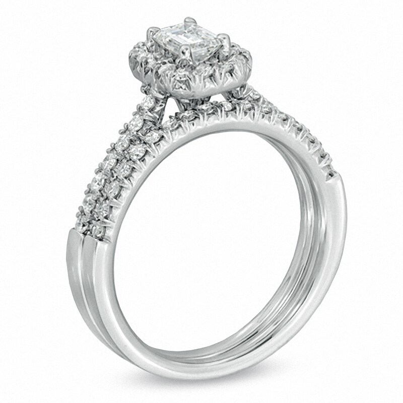 Main Image 2 of Previously Owned - 3/4 CT. T.W. Emerald-Cut Diamond Frame Bridal Set in 14K White Gold