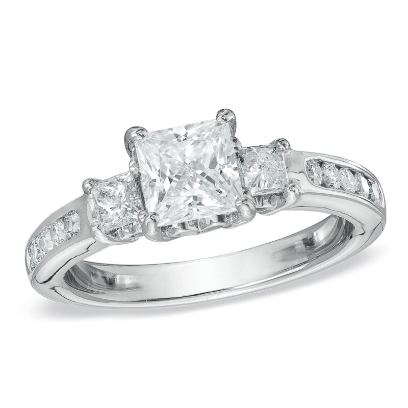 Main Image 1 of Previously Owned - 1-1/2 CT. T.W. Princess-Cut Diamond Past Present Future® Ring in 14K White Gold