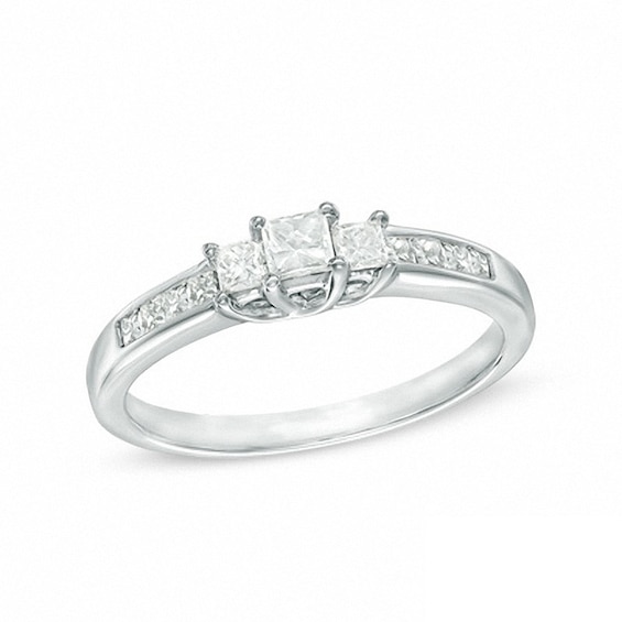 Previously Owned - 1/2 CT. T.w. Princess-Cut Diamond Three Stone Engagement Ring in 10K White Gold