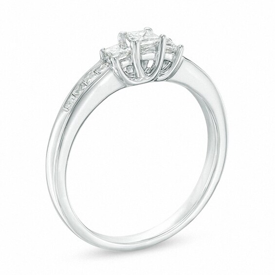 Previously Owned - 1/2 CT. T.w. Princess-Cut Diamond Three Stone Engagement Ring in 10K White Gold