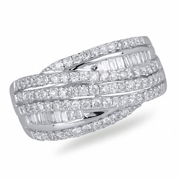 Previously Owned - 7/8 CT. T.W. Baguette and Round Diamond Cross-Over Ring in 14K White Gold