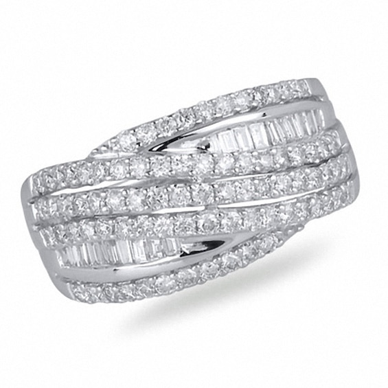 Previously Owned - 7/8 CT. T.w. Baguette and Round Diamond Cross-Over Ring in 14K White Gold