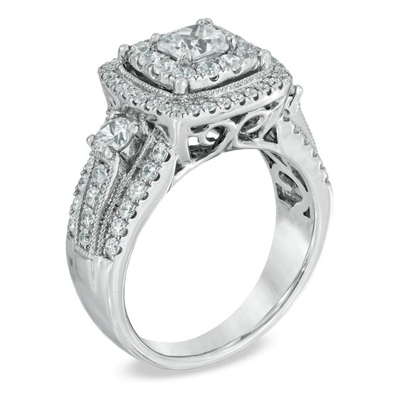 Previously Owned - 1-3/4 CT. T.w. Princess-Cut Diamond Double Frame Engagement Ring in 14K White Gold