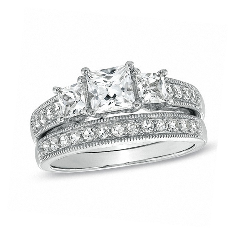 Main Image 1 of Previously Owned - Princess-Cut Lab-Created White Sapphire Three Stone Vintage-Style Bridal Set in Sterling Silver