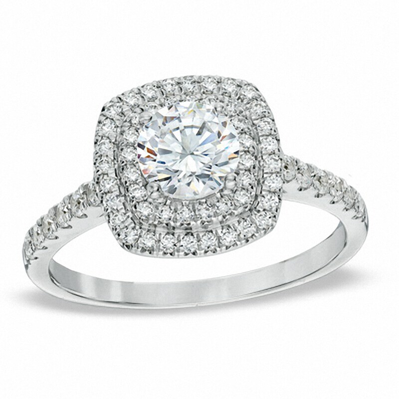 Previously Owned - 1-1/5 CT. T.W. Diamond Square Double Frame Engagement Ring in 14K White Gold