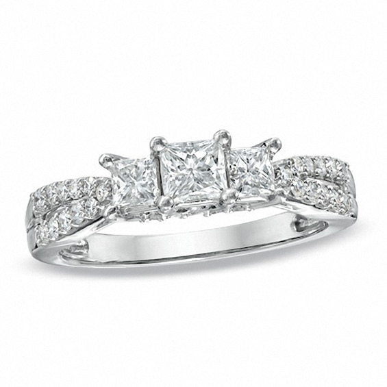 Previously Owned - 1 CT. T.w. Princess-Cut Diamond Three Stone Engagement Ring in 14K White Gold