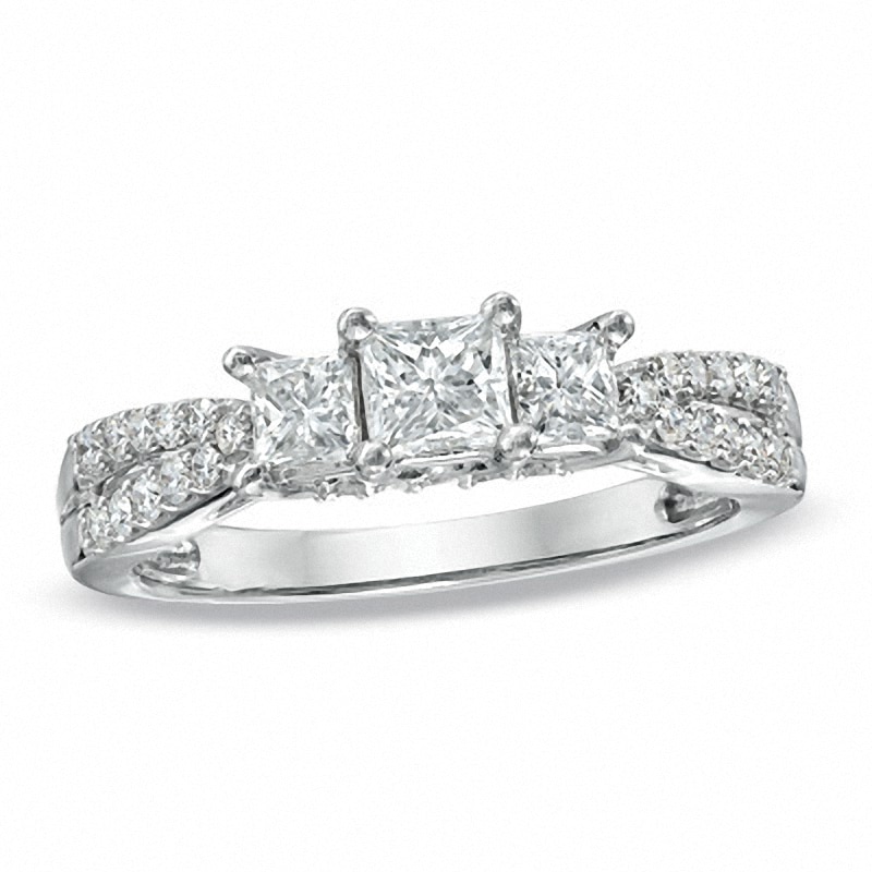 Main Image 1 of Previously Owned - 1 CT. T.W. Princess-Cut Diamond Three Stone Engagement Ring in 14K White Gold