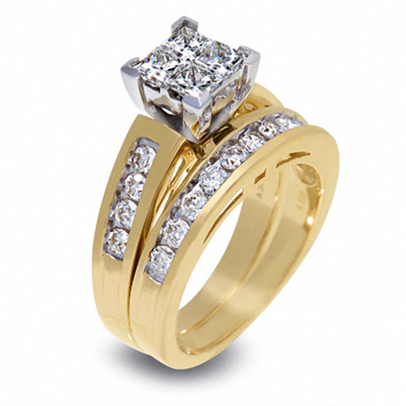 Main Image 2 of Previously Owned - 1-1/2 CT. T.W. Quad Princess-Cut Diamond Bridal Set in 14K Gold