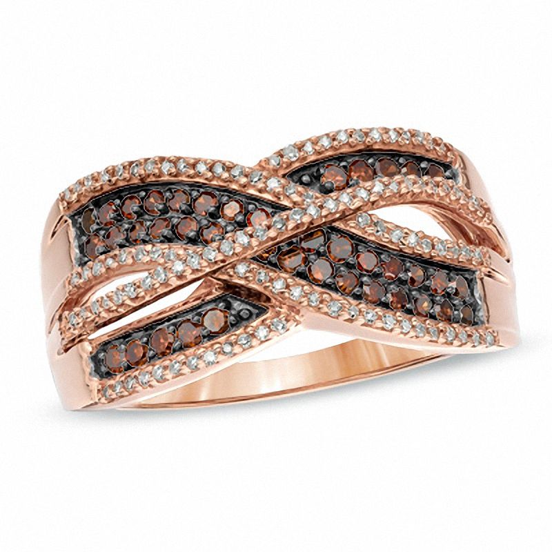 Main Image 1 of Previously Owned - 1/2 CT. T.W. Enhanced Cognac and White Diamond Crossover Band in 10K Rose Gold