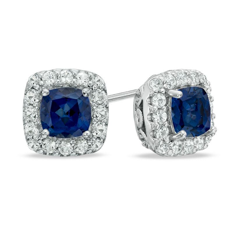 Main Image 1 of Previously Owned - 5.0mm Cushion-Cut Lab-Created Blue and White Sapphire Frame Stud Earrings in Sterling Silver
