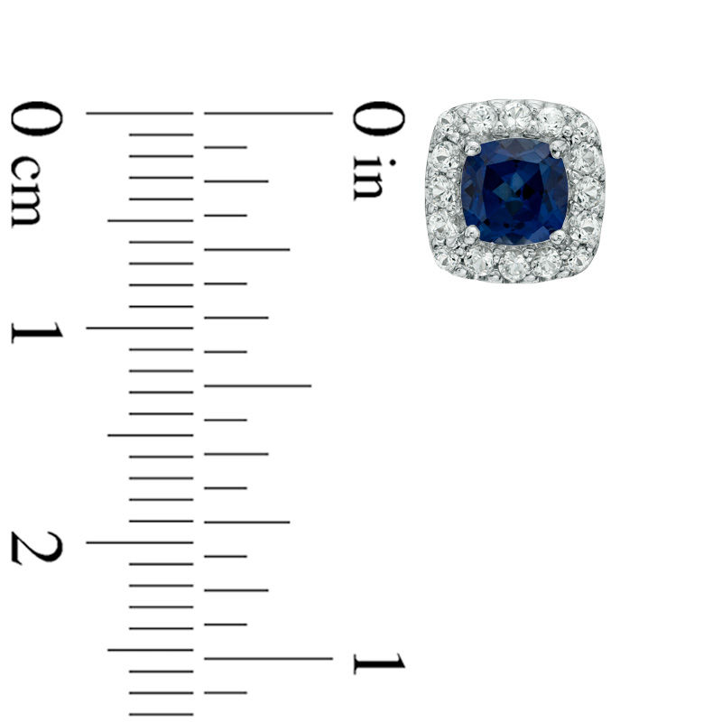 Main Image 2 of Previously Owned - 5.0mm Cushion-Cut Lab-Created Blue and White Sapphire Frame Stud Earrings in Sterling Silver