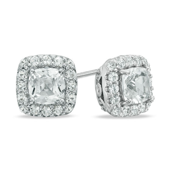 Previously Owned - 5.0mm Cushion-Cut Lab-Created White Sapphire Frame Stud Earrings in Sterling Silver