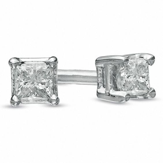 Previously Owned - 1/10 CT. T.w. Princess-Cut Diamond Solitaire Stud Earrings in 14K White Gold