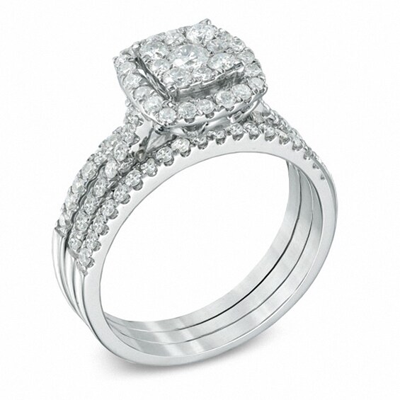 Previously Owned - 1 CT. T.w. Composite Diamond Frame Bridal Set in 10K White Gold
